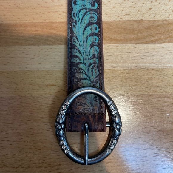 Women’s Leather Ring Buckle Floral Embossed Western Turquoise Belt Size Small - Picture 4 of 7
